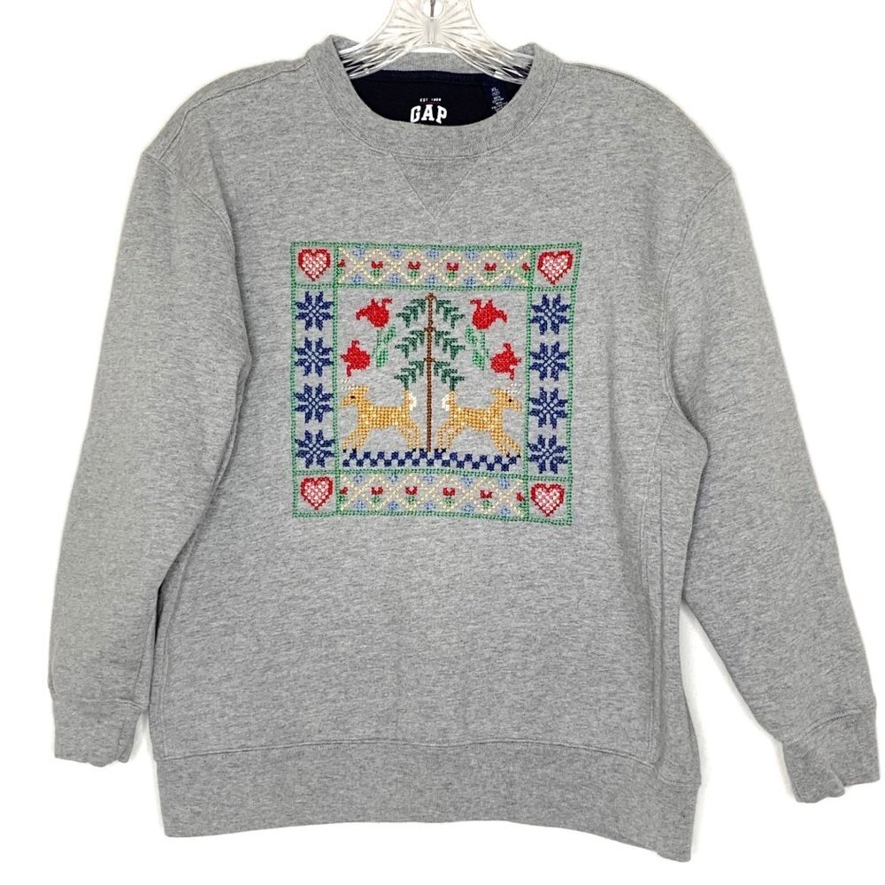 Vintage Handmade Embroidered Gray Gap Sweatshirt Floral Deer Hearts Kids XL